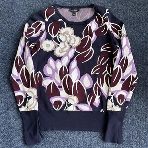 Ann Taylor Sweater Womens Small Navy Purple Floral Knit Button Cuff Pullover